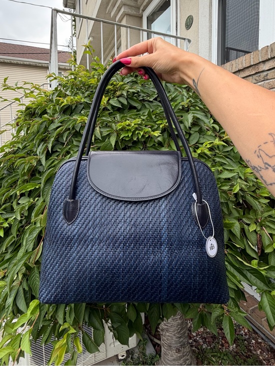 Fossil Handbags - Vintage Fossil Navy Woven Leather Satchel Top Handle Shoulder Bag